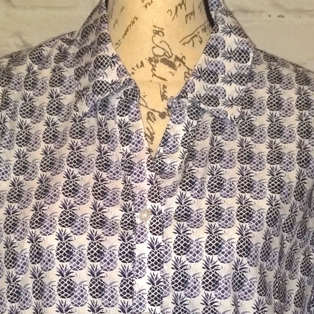 Chico's Women's Collared Button Up Shirt Blue & White Pineapple Pattern, Size 3